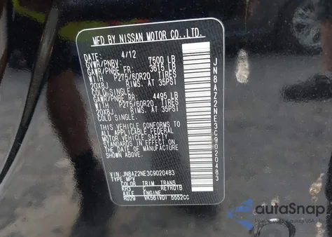 2012 Infiniti Qx56 z USA, uszkodzony, nr VIN JN8AZ2NE3C9020483